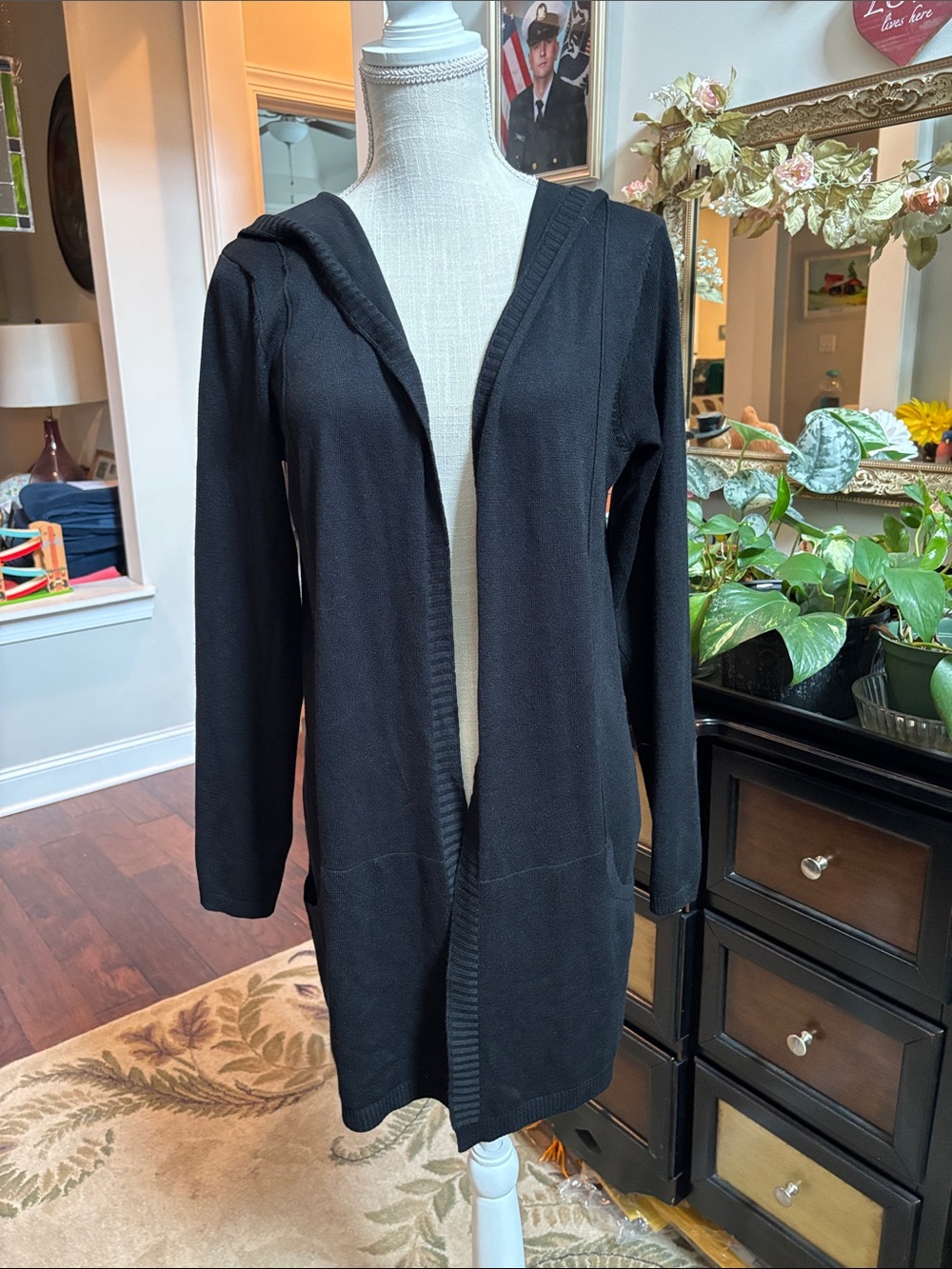 Pointelle Black Hooded Open Front Knit Cardigan-long